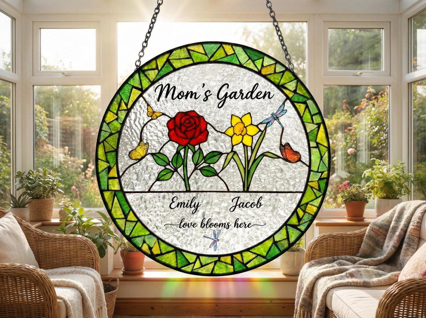 Personalized Mom’s Garden Suncatcher – Birth Flower Stained Glass – Custom Family Name Gift