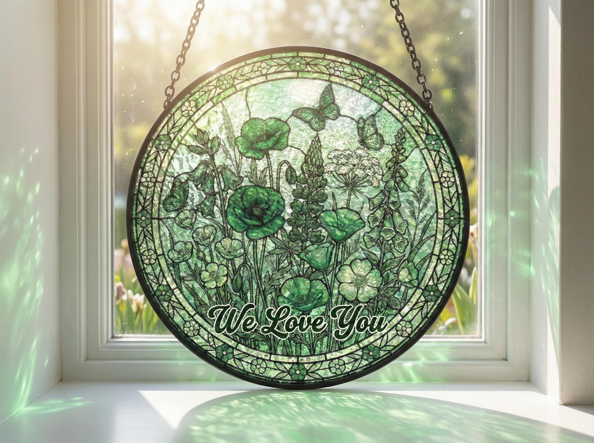 Custom Green Floral Stained Glass Suncatcher – Personalized Botanical Window Hanging, Spring Home Decor