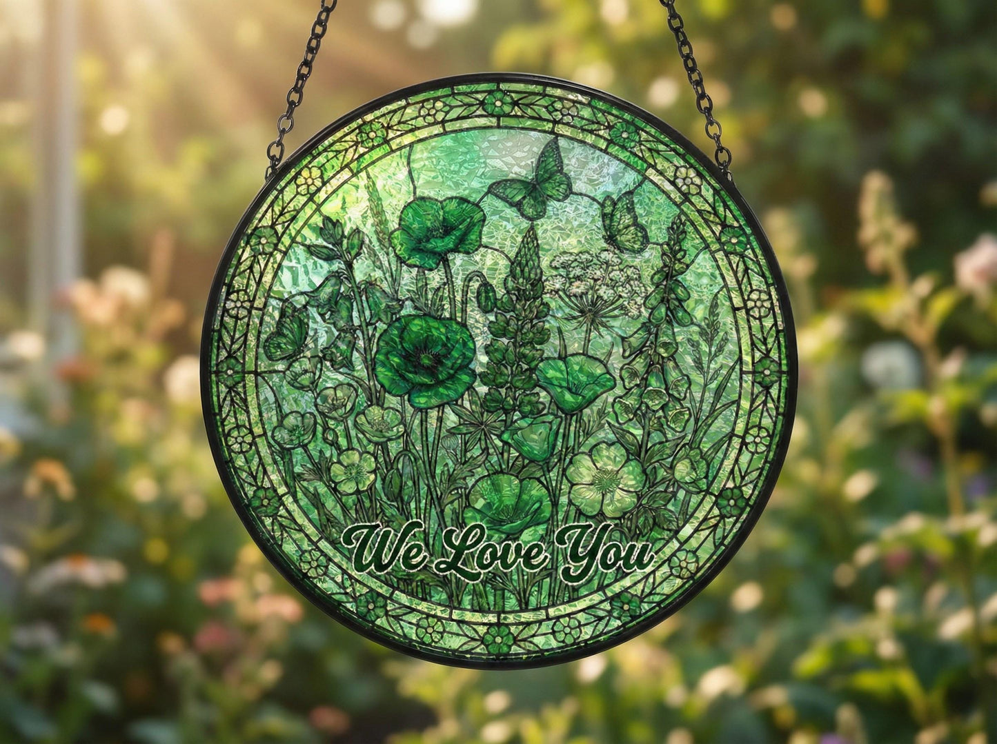 Custom Green Floral Stained Glass Suncatcher – Personalized Botanical Window Hanging, Spring Home Decor