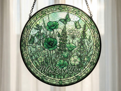 Custom Green Floral Stained Glass Suncatcher – Personalized Botanical Window Hanging, Spring Home Decor