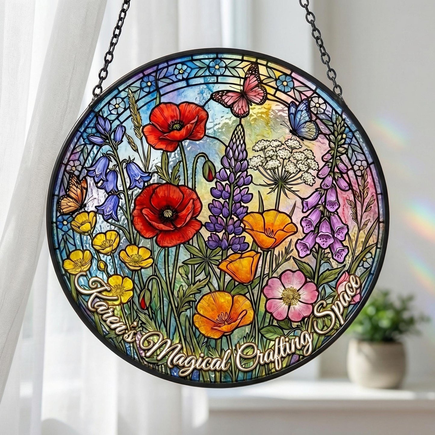 Custom Wildflower Stained Glass Suncatcher – Spring Floral Window Hanging With Butterfly – Personalized Garden Suncatcher Decor