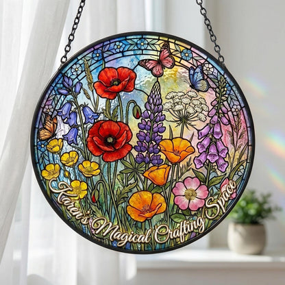 Custom Wildflower Stained Glass Suncatcher – Spring Floral Window Hanging With Butterfly – Personalized Garden Suncatcher Decor
