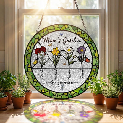 Personalized Mom’s Garden Suncatcher – Birth Flower Stained Glass – Custom Family Name Gift