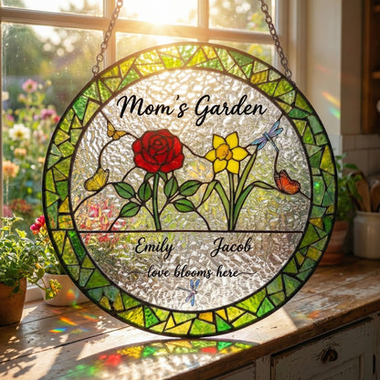 Personalized Birth Flower Suncatcher – Custom Mom's Garden Stained Glass Art – Birthday Gift For Her