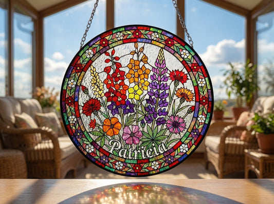 Custom Name Flower Suncatcher – Colorful Stained Glass Window Decor – Birthday Gift For Her