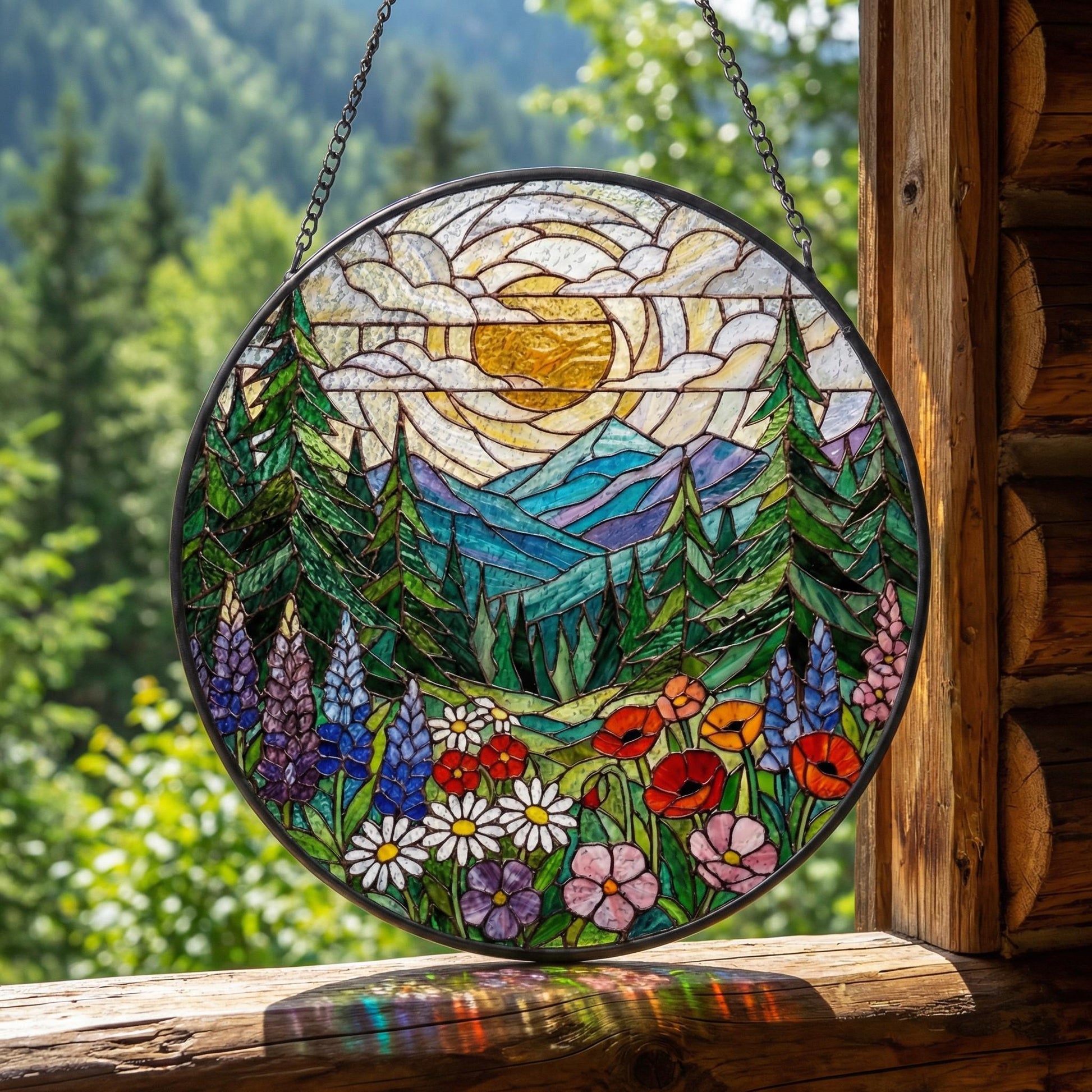 Forest Mountain Stained Glass Suncatcher – Nature Window Hanging – Mother’s Birthday Gift For Mom