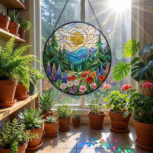 Forest Mountain Stained Glass Suncatcher – Nature Window Hanging – Mother’s Birthday Gift For Mom