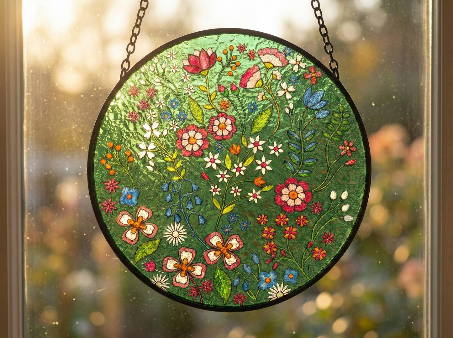 Forest Emerald Suncatcher – Embroidered-style Floral Stained Glass Window Hanging – Boho Folk Art Gift