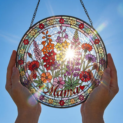 Personalized Mama Garden Suncatcher – Birth Flower Stained Glass Window Hanging – Mother’s Day Gift