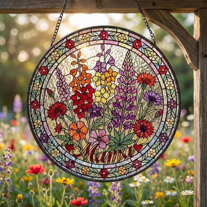 Personalized Mama Garden Suncatcher – Birth Flower Stained Glass Window Hanging – Mother’s Day Gift