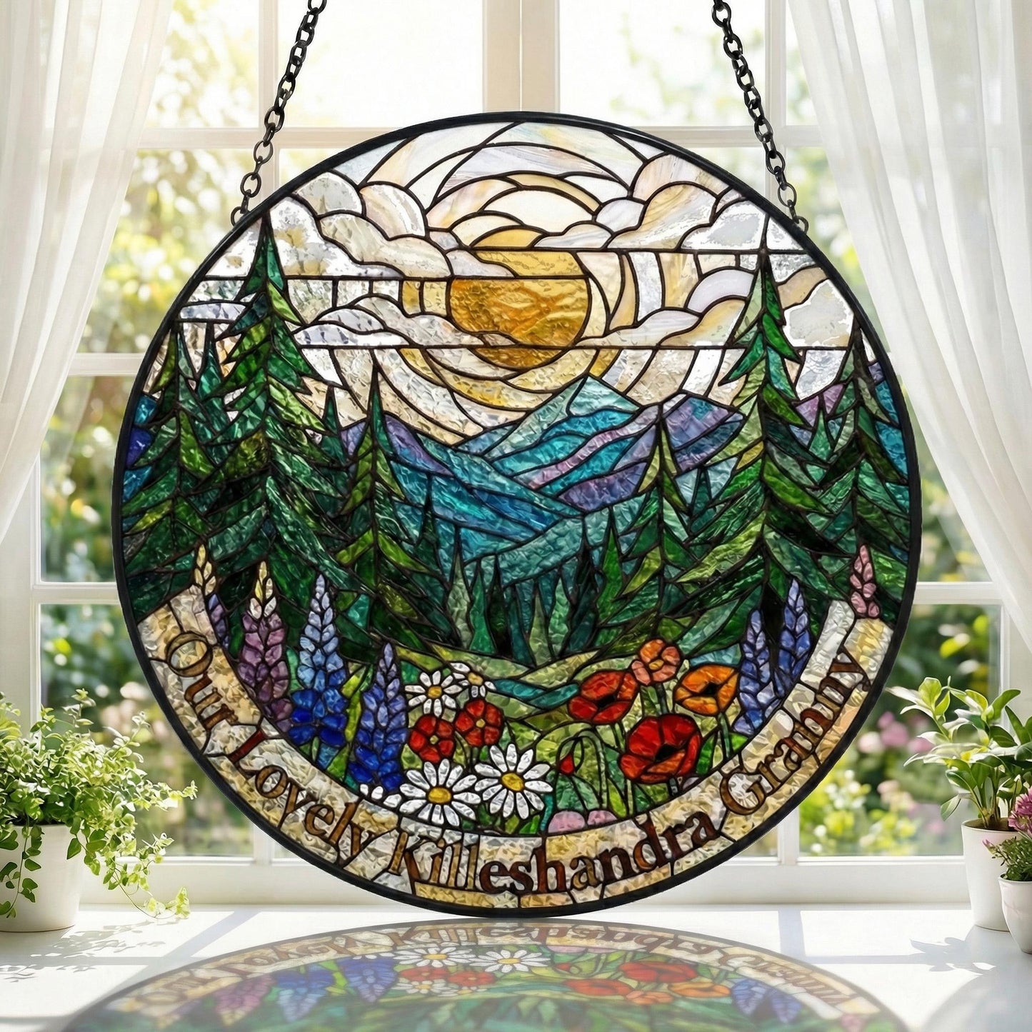 Forest Mountain Stained Glass Suncatcher – Nature Window Hanging – Mother’s Birthday Gift For Mom