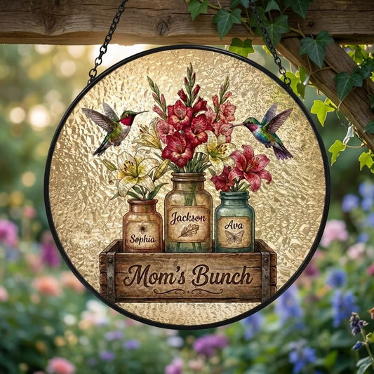 Personalized Mom Garden Suncatcher – Birth Flower Stained Glass Window Hanging – Mother’s Day Gift