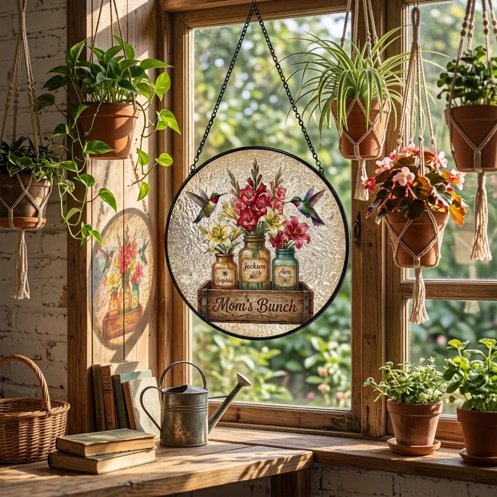 Personalized Mom Garden Suncatcher – Birth Flower Stained Glass Window Hanging – Mother’s Day Gift