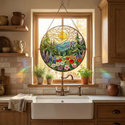 Forest Mountain Stained Glass Suncatcher – Nature Window Hanging – Mother’s Birthday Gift For Mom