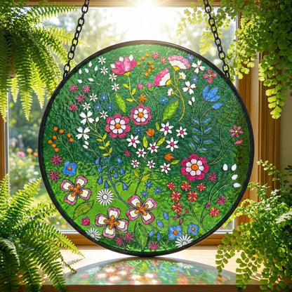 Forest Emerald Suncatcher – Embroidered-style Floral Stained Glass Window Hanging – Boho Folk Art Gift
