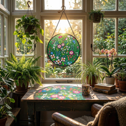 Forest Emerald Suncatcher – Embroidered-style Floral Stained Glass Window Hanging – Boho Folk Art Gift