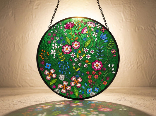 Forest Emerald Suncatcher – Embroidered-style Floral Stained Glass Window Hanging – Boho Folk Art Gift