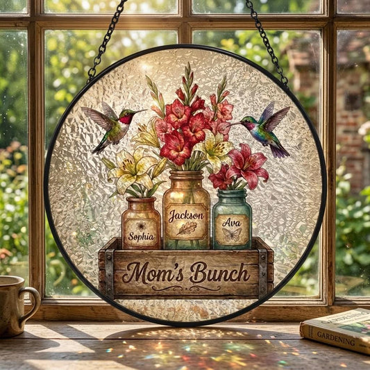 Personalized Mom Garden Suncatcher – Birth Flower Stained Glass Window Hanging – Mother’s Day Gift